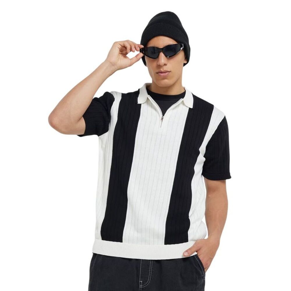 Brave Soul Mens Striped Quarter Zip Polo Shirt / Cream/Jet Black